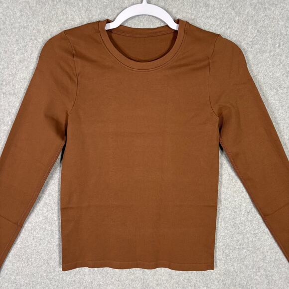 OQQ Shirt Womens Medium Brown Ribbed Basic Yoga Tight Base Layer Neutral Stretch - Picture 2 of 8